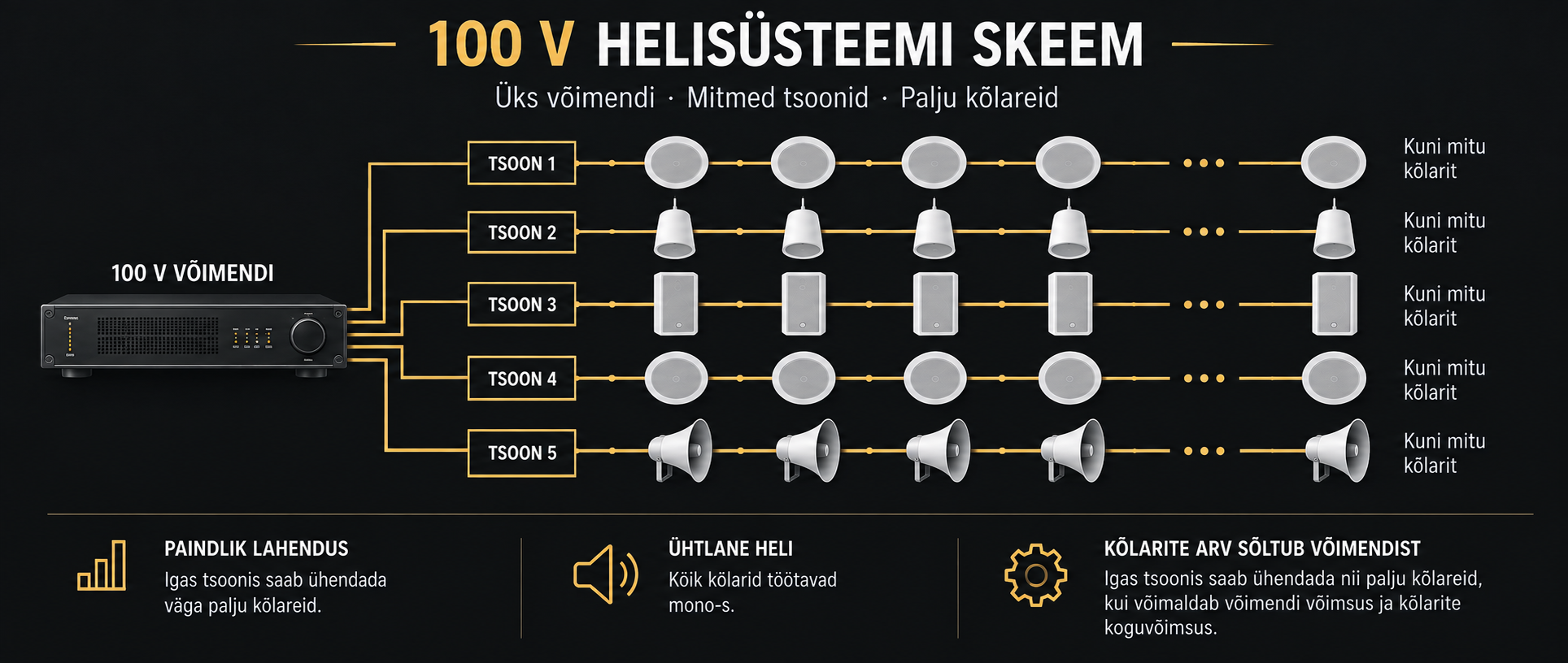 100 V helisüsteemi skeem viie tsooni ja mitme kõlariga